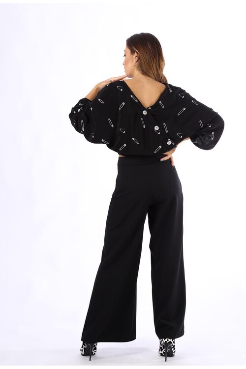 Modatalika Bayan Günlük Çengeli İğne Desenli Siyah Bluz