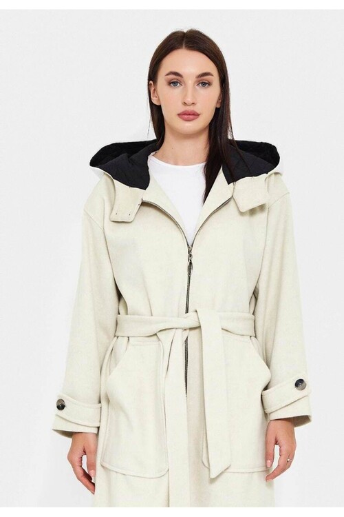 Modatalika Kadın Fermuarlı Kapüşonlu Uzun Kaban