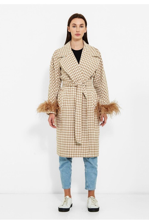 Modatalika Kadın Pötikareli Tüy Detaylı Kaban