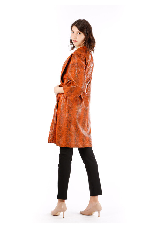 Modatalika Kadın Deri Desenli Kemerli Kaban