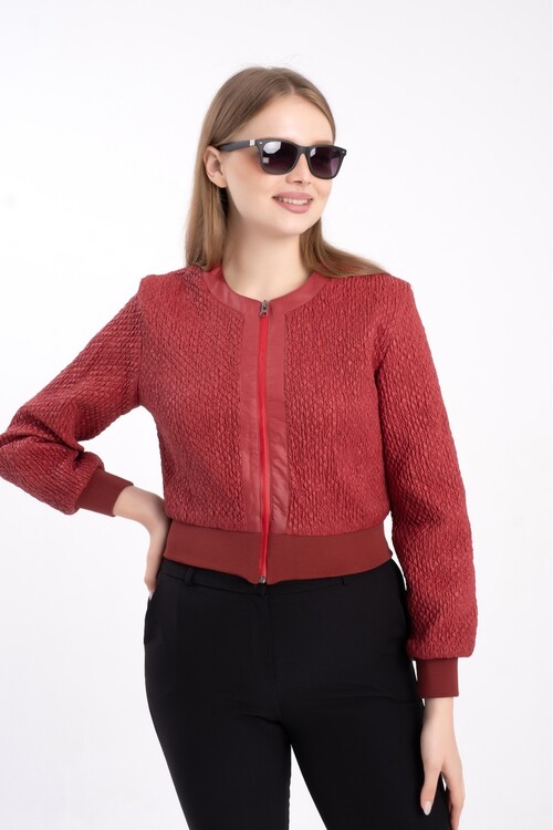 Modatalika Ribanalı İçi Astarlı Suni Deri Fermuarlı Kısa Mont