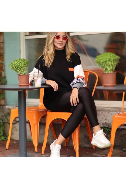 Modatalika  Uzun Kollu Desenli Oversize Triko Tunik