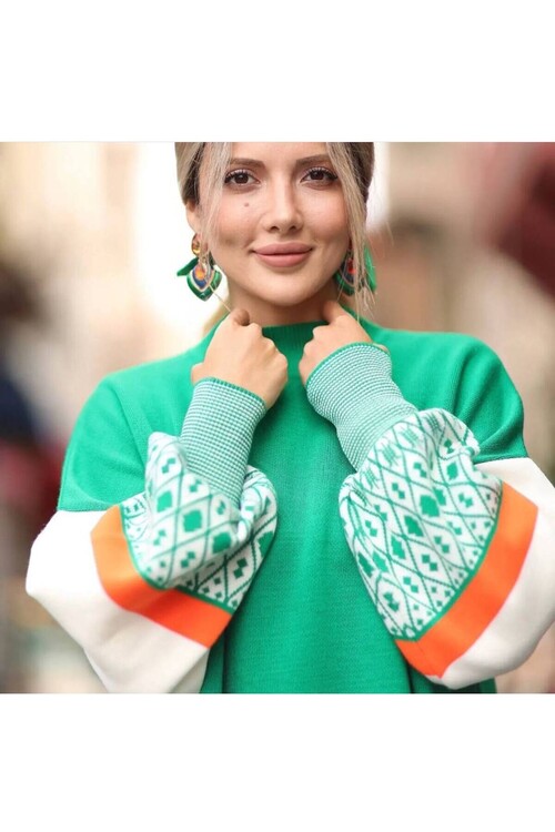 Modatalika  Uzun Kollu Desenli Oversize Triko Tunik