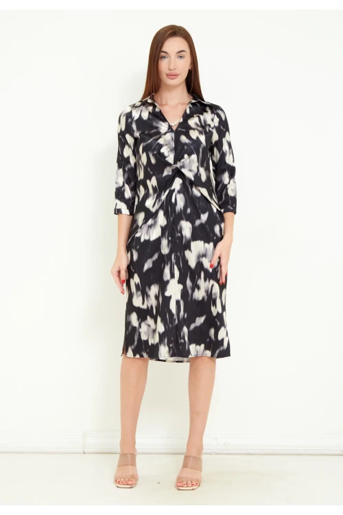 Kadın Dijital Baskılı İnci Aksesuar Detaylı Midi Elbise