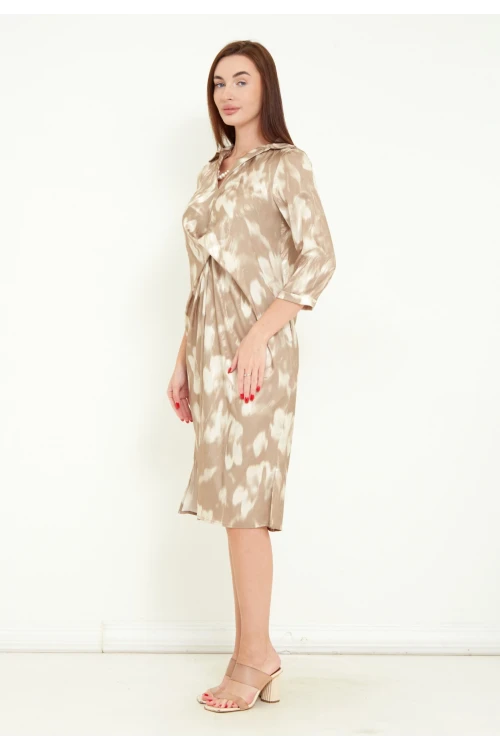 Kadın Dijital Baskılı İnci Aksesuar Detaylı Midi Elbise