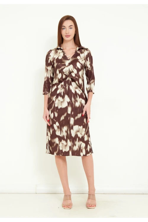 Kadın Dijital Baskılı İnci Aksesuar Detaylı Midi Elbise