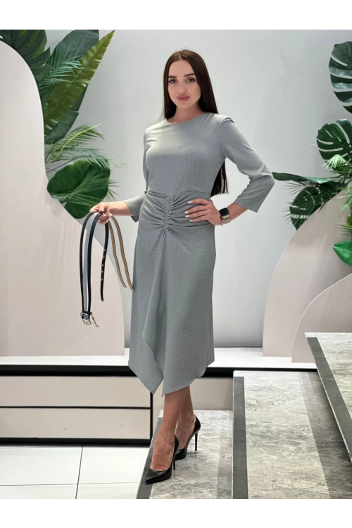 Modatalika Kadın Asimetrik Kesim Önü Büzgülü Pöti Kare Kemerli Elbise