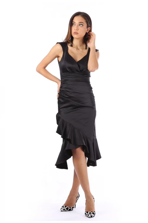 Modatalika Kadın Asimetrik Tasarım Volanlı Midi Boy Abiye Elbise