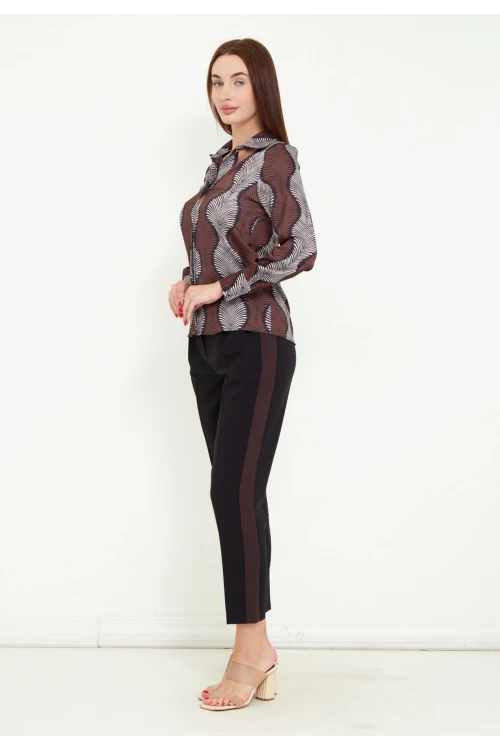 Modatalika Kadın Desenli Gömlek Yanları Şerit Detaylı Pantolon Şık İkili Takım
