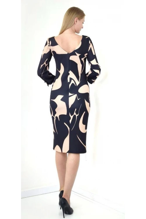 Modatalika Kadın Desenli Yakada Taş Detayı Truvakar Kollu Şık Midi Boy Elbise