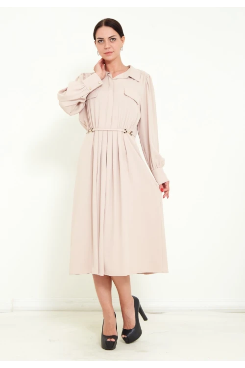 Modatalika Kadın Pile Detaylı Kemerli Gömlek Yaka Şık Uzun Kolu Midi Elbise