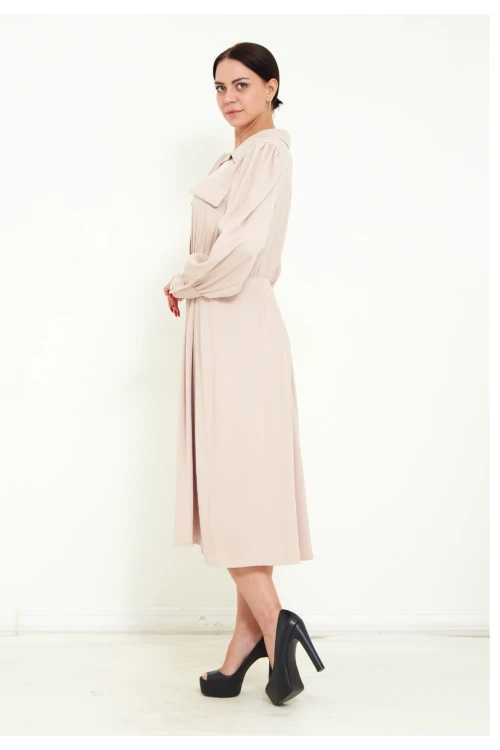 Modatalika Kadın Pile Detaylı Kemerli Gömlek Yaka Şık Uzun Kolu Midi Elbise