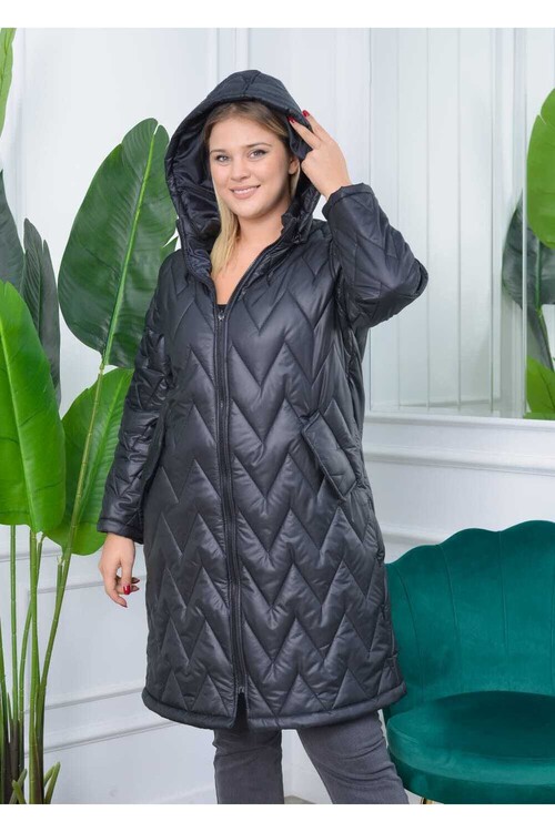 Modatalika Kadın Kapüşonlu Uzun Büyük Beden Kaban