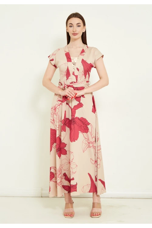 Modatalika Kadın Kemerli Çiçek Desenli Uzun Elbise İle Şıklığınıza Şıklık Katın..