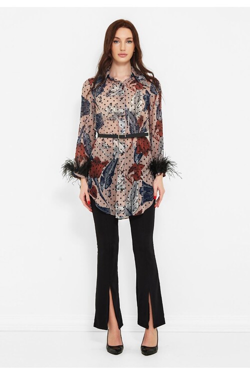 Modatalika Kadın Kolları Tüy Detaylı Gömlek