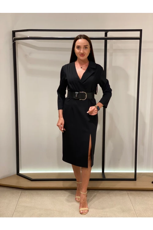 Modatalika Kadın Midi Boy Özel Tasarım Kemerli Önü Yırtmaçlı Uzun Kol Elbise