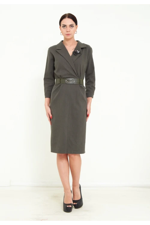 Modatalika Kadın Midi Boy Truvakar Kol Kemerli Broş Aksesuarlı Şık Elbise