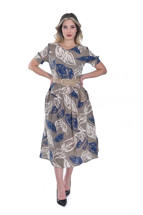 Modatalika Kadın  Midi Boy Yaprak Desenli  Pamuk Kumaş Elbise