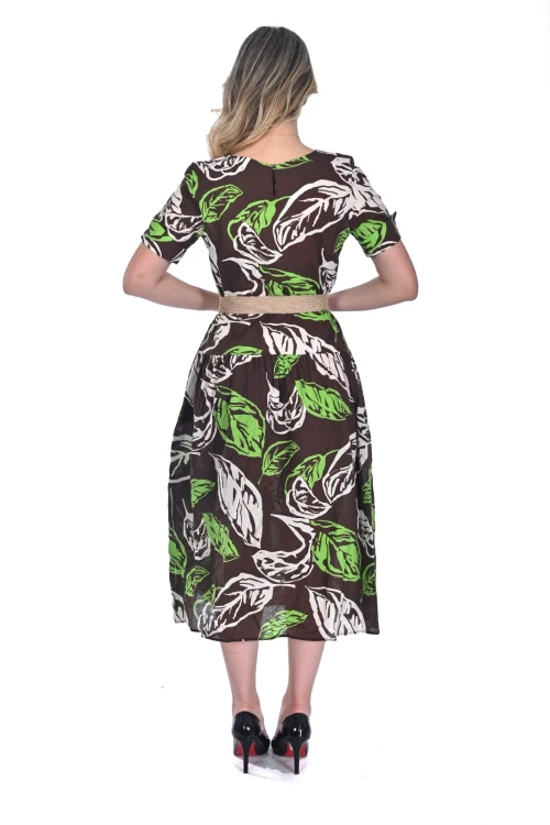 Modatalika Kadın  Midi Boy Yaprak Desenli  Pamuk Kumaş Elbise