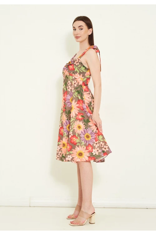 Modatalika Kadın Omuzdan Askılı Çiçek Desenli Midi Boy Elbise