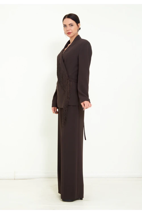 Modatalika Kadın Pantolon Uzun Kollu Ceket Püskül Detaylı Şık İkili Takım