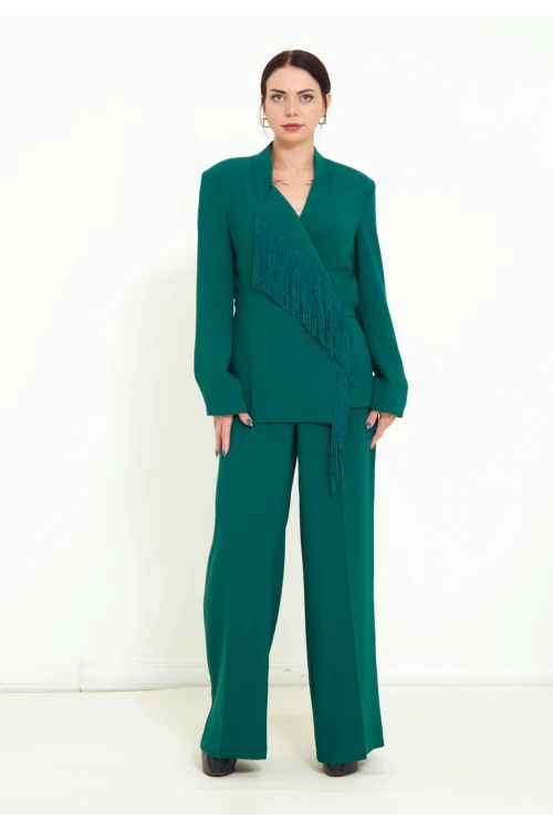 Modatalika Kadın Pantolon Uzun Kollu Ceket Püskül Detaylı Şık İkili Takım