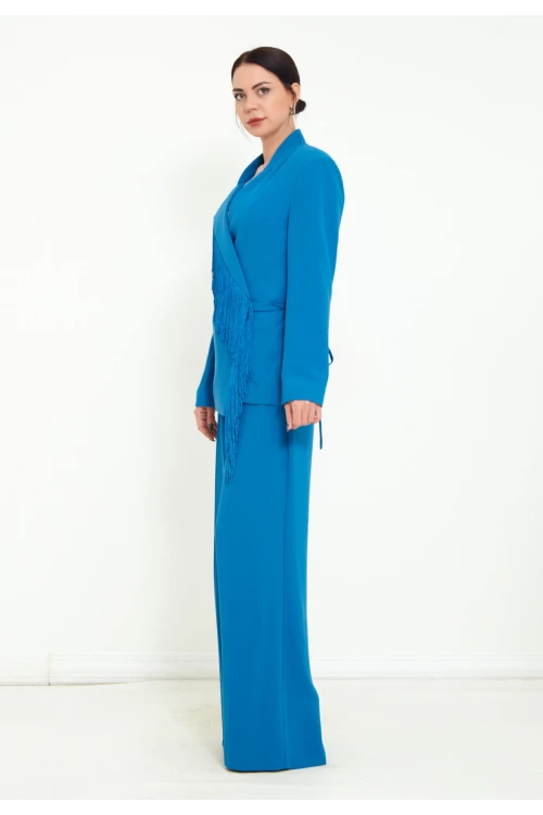 Modatalika Kadın Pantolon Uzun Kollu Ceket Püskül Detaylı Şık İkili Takım