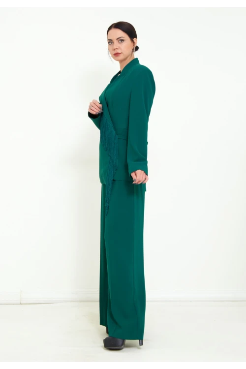 Modatalika Kadın Pantolon Uzun Kollu Ceket Püskül Detaylı Şık İkili Takım