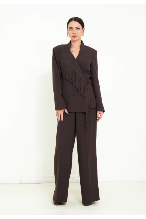 Modatalika Kadın Pantolon Uzun Kollu Ceket Püskül Detaylı Şık İkili Takım