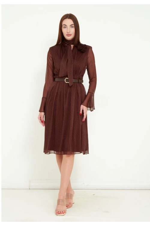 Modatalika Kadın Şifon Kumaş Dijital Puantiye Baskı Çiçek Gül Aksesuar Detaylı Midi Kemerli Elbise