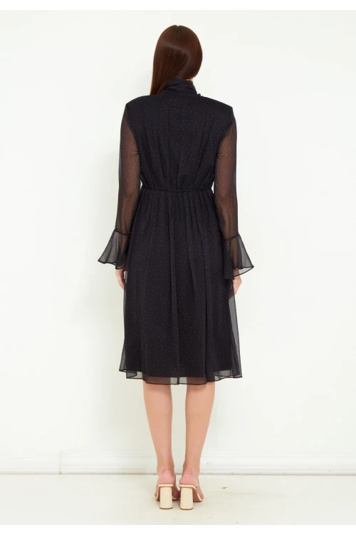 Modatalika Kadın Şifon Kumaş Dijital Puantiye Baskı Çiçek Gül Aksesuar Detaylı Midi Kemerli Elbise