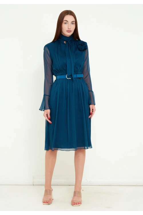 Modatalika Kadın Şifon Kumaş Dijital Puantiye Baskı Çiçek Gül Aksesuar Detaylı Midi Kemerli Elbise