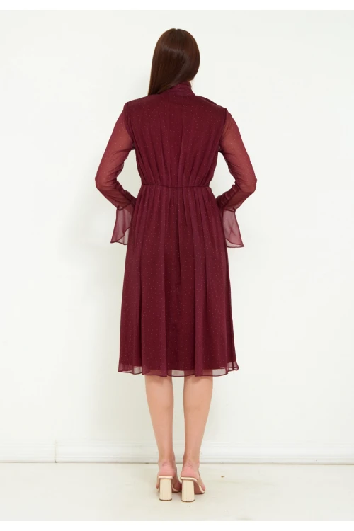 Modatalika Kadın Şifon Kumaş Dijital Puantiye Baskı Çiçek Gül Aksesuar Detaylı Midi Kemerli Elbise