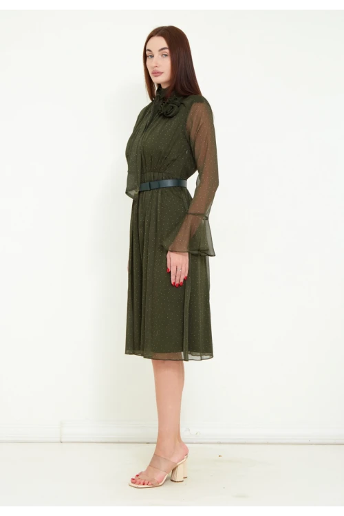 Modatalika Kadın Şifon Kumaş Dijital Puantiye Baskı Çiçek Gül Aksesuar Detaylı Midi Kemerli Elbise