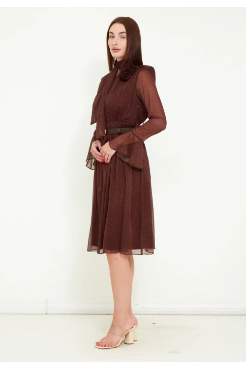 Modatalika Kadın Şifon Kumaş Dijital Puantiye Baskı Çiçek Gül Aksesuar Detaylı Midi Kemerli Elbise