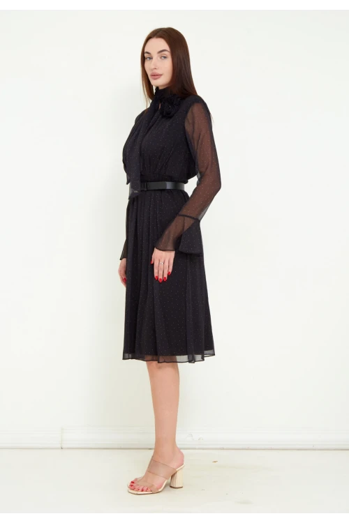 Modatalika Kadın Şifon Kumaş Dijital Puantiye Baskı Çiçek Gül Aksesuar Detaylı Midi Kemerli Elbise