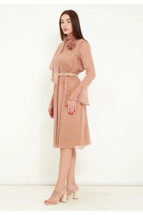 Modatalika Kadın Şifon Kumaş Dijital Puantiye Baskı Çiçek Gül Aksesuar Detaylı Midi Kemerli Elbise