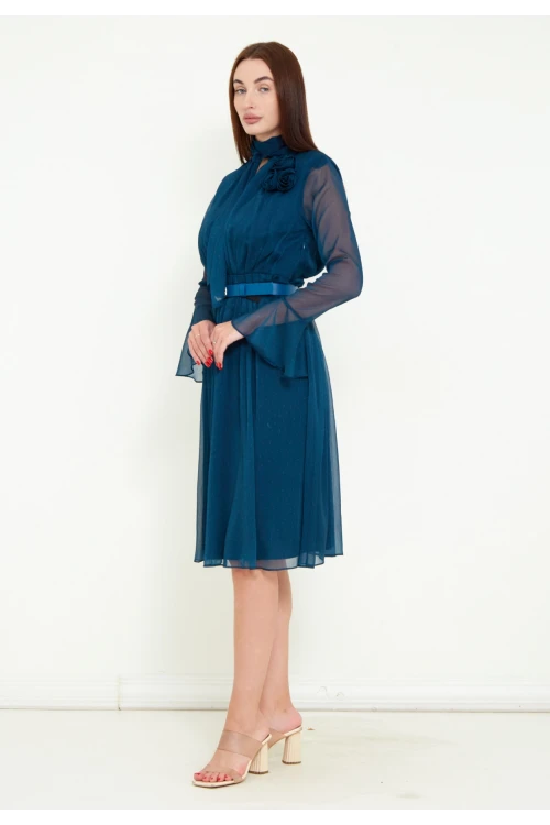 Modatalika Kadın Şifon Kumaş Dijital Puantiye Baskı Çiçek Gül Aksesuar Detaylı Midi Kemerli Elbise