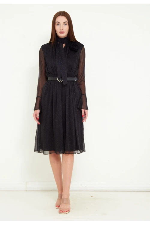 Modatalika Kadın Şifon Kumaş Dijital Puantiye Baskı Çiçek Gül Aksesuar Detaylı Midi Kemerli Elbise