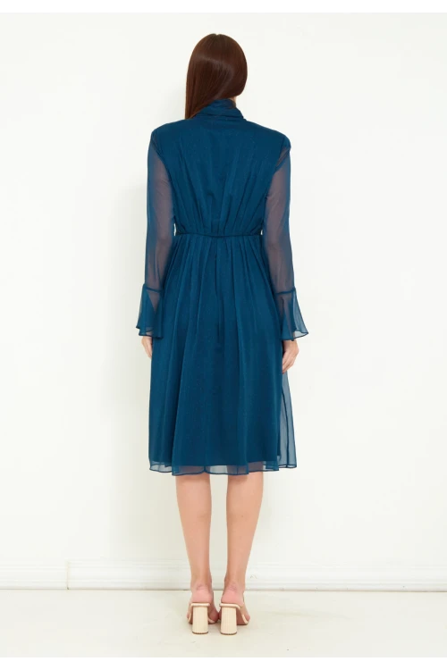 Modatalika Kadın Şifon Kumaş Dijital Puantiye Baskı Çiçek Gül Aksesuar Detaylı Midi Kemerli Elbise