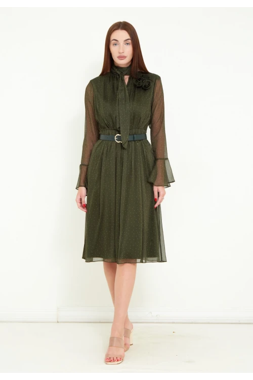 Modatalika Kadın Şifon Kumaş Dijital Puantiye Baskı Çiçek Gül Aksesuar Detaylı Midi Kemerli Elbise