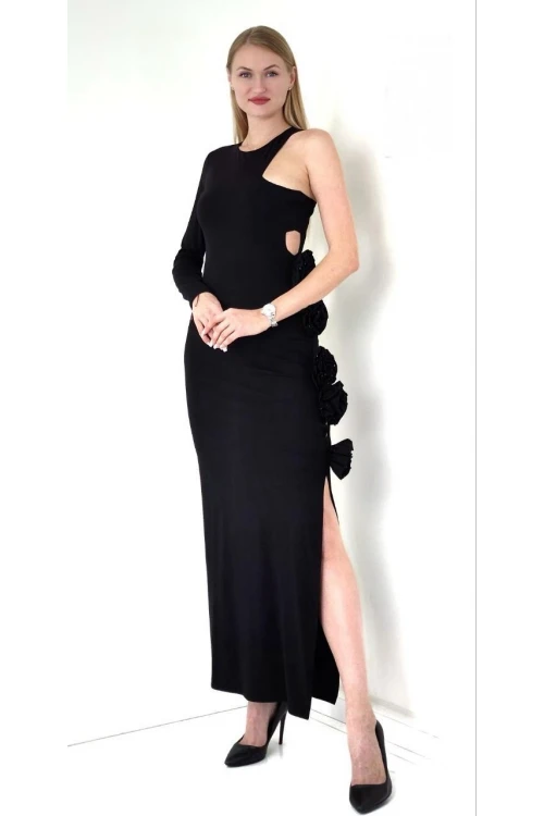 Modatalika Kadın Tek Kollu Gül Detaylı Uzun Şık Abiye Elbise