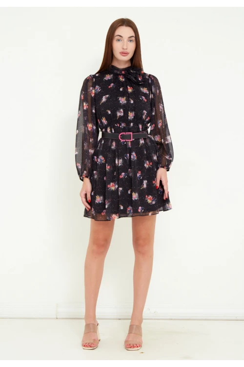 Modatalika Kadın Uzun Kol Kemerli Çiçek Desenli Mini Şifon Elbise