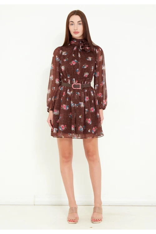 Modatalika Kadın Uzun Kol Kemerli Çiçek Desenli Mini Şifon Elbise