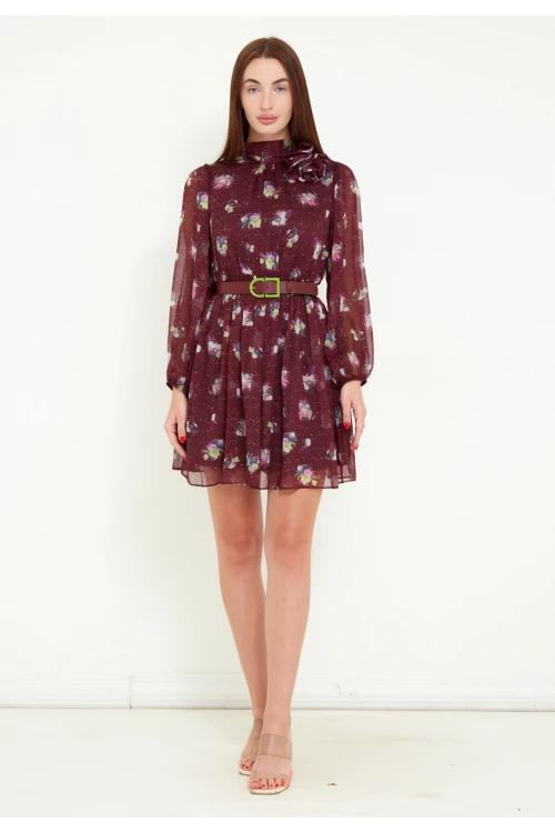 Modatalika Kadın Uzun Kol Kemerli Çiçek Desenli Mini Şifon Elbise
