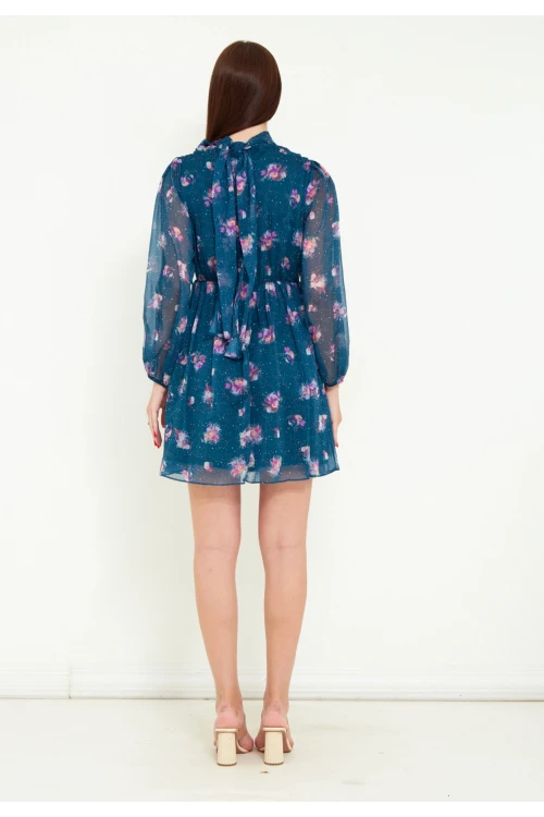 Modatalika Kadın Uzun Kol Kemerli Çiçek Desenli Mini Şifon Elbise