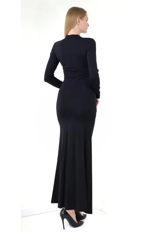 Modatalika Kadın Uzun Kollu Büzgü Ve Dügme Broş Detaylı Önden Yırtmaçlı Uzun Şık Abiye Elbise