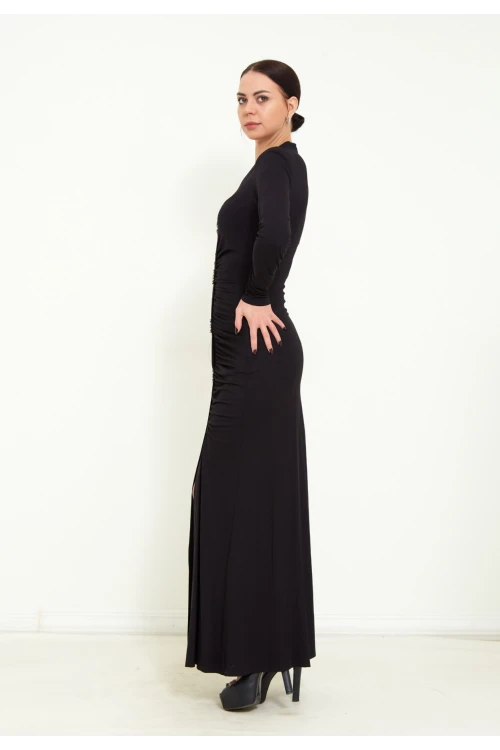 Modatalika Kadın Uzun Kollu Büzgü Ve Dügme Broş Detaylı Önden Yırtmaçlı Uzun Şık Abiye Elbise