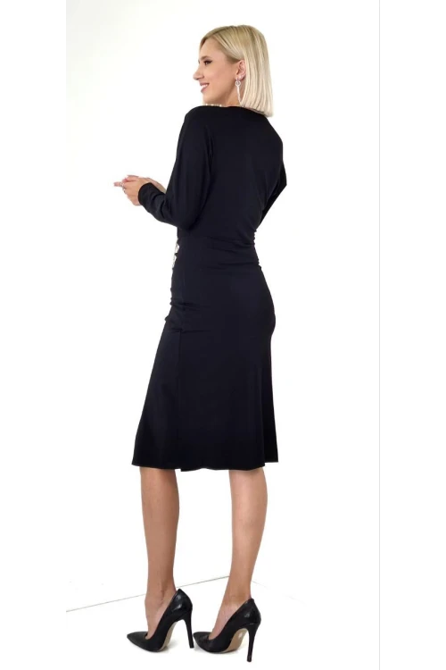 Modatalika Kadın Uzun Kollu Büzgü Ve Kemer Toka Detaylı Önden Yırtmaçlı Midi Boy Şık Abiye Elbise