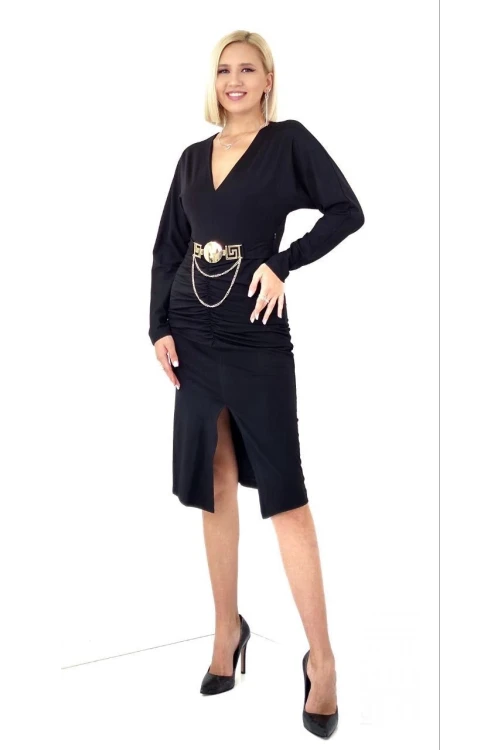 Modatalika Kadın Uzun Kollu Büzgü Ve Kemer Toka Detaylı Önden Yırtmaçlı Midi Boy Şık Abiye Elbise